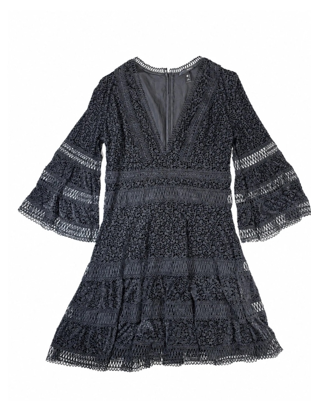 AQUA size large Lace V-Neck Bell Sleeve Mini Dress - Black